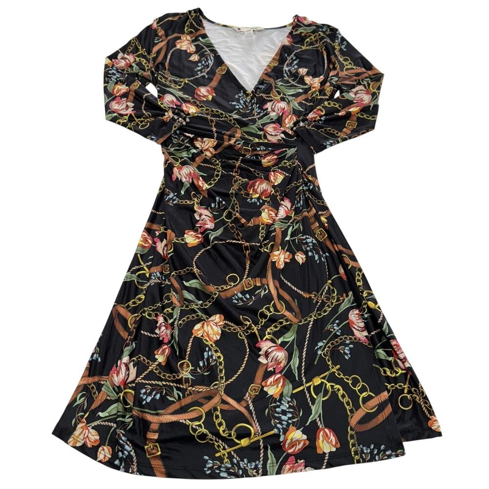 Yumi‎ Dress Womens Size 4 Black Floral Chain Print Long Sleeve Faux Wrap Ruched